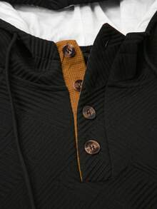 OTTIMOZO Áo hoodie nam cổ tròn cài nút nửa phía trước, màu sắc đơn giản, mùa thu, tay dài - màu đen - Xem 3