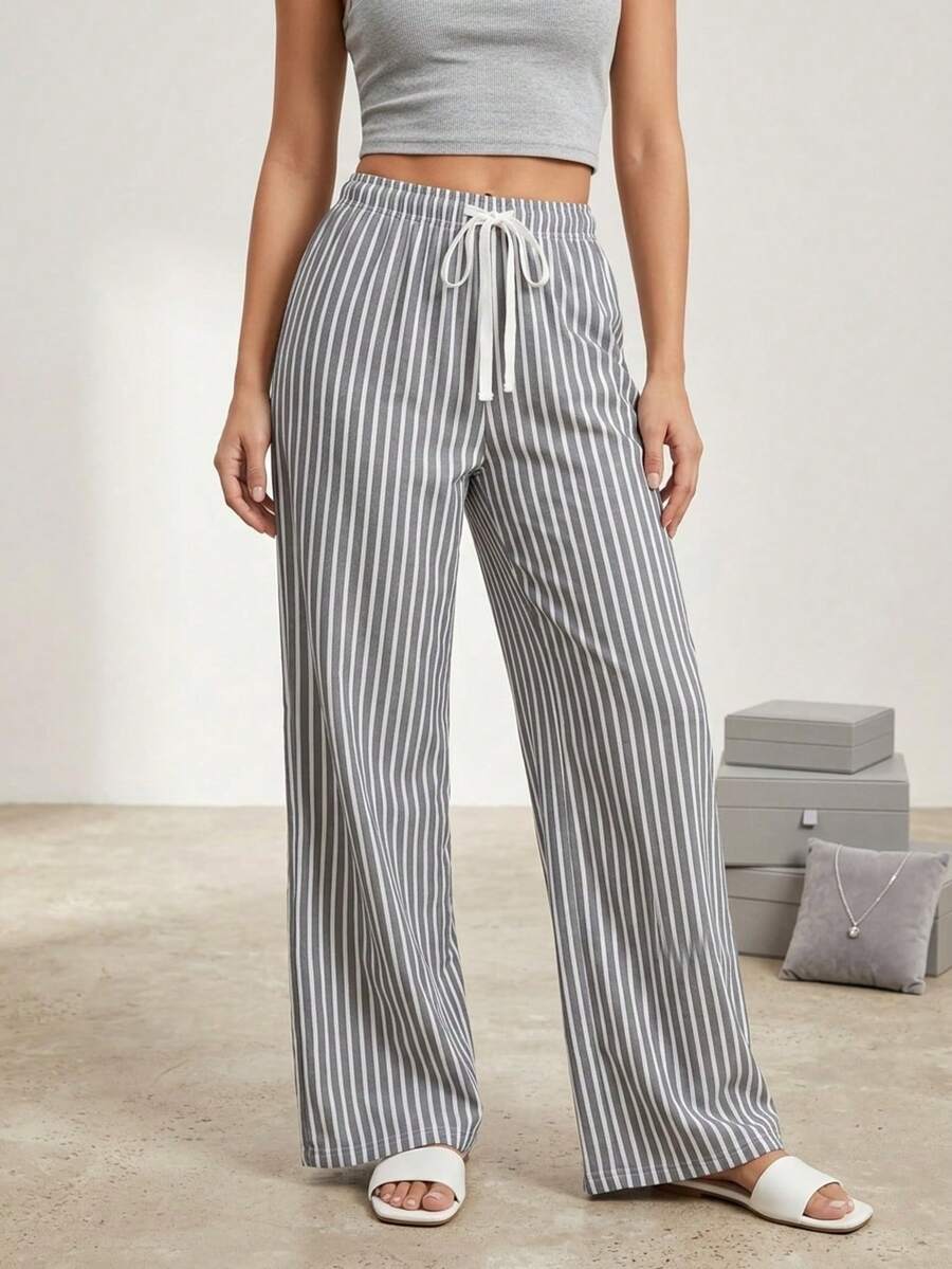Palazzo Striped Pants With Elastic Waist - Grey - View 1