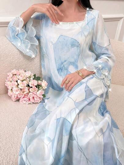 Al Najma Spring Summer Fashionable Elegant Square Neck Flare Asymmetrical Sleeve Bubble Pearl Decor Dress