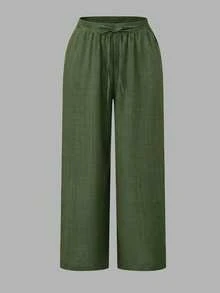 SHEIN Essnce Plus-Size Women's 3 Pack Wide-Leg Pants,Dark Green Autumn Smart Casual Everyday Elastic Waist Loose Baggy Comfortable Versatile Basic Bottom - Multicolor - View 5