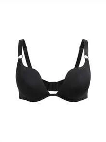 Plus Size Minimalist Underwire Bra, Sexy Deep V Lingerie Bra, Single Piece - Black - View 4