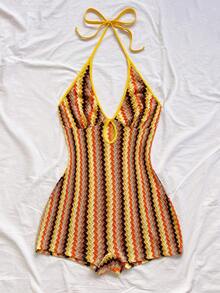 Soleia (No Chest Padding)Plus Size Yellow Summer Boho Vacation Holiday Multicolor Knit Striped Halter Backless Mini Jumpsuit, - Multicolor - View 6
