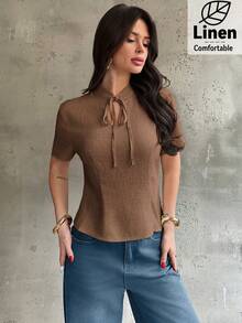 Firerie Áo sơ mi nữ thanh lịch tối giản mặc thường ngày đi làm đi chơi đi biển, màu linen vân tre cổ đứng nhỏ tay ngắn dáng ôm, áo blouse nữ xuân/hè - Cà phê nâu - Xem 10