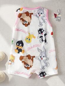 LOONEY TUNES X SHEIN Bộ áo liền quần không tay in hình động vật hoạt hình cho bé gái. - Màu Hồng baby - Xem 2
