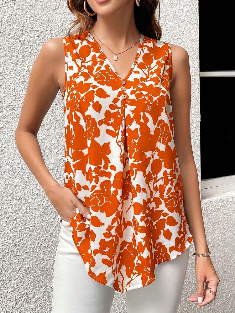 Plus Size Summer Countryside Floral Allover Print Sleeveless Vacation Casual Shirt