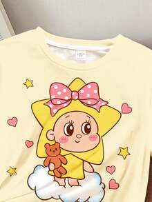 2026新款复古甜美卡通蝴蝶结星星女孩，柠檬黄条纹，少女风，休闲休闲，Y2K风格，可爱风，派对风，少女休闲修身圆领短袖睡裤套装，适合夏季穿着，甜美可爱，舒适休闲，度假风，轻松舒适，Y2K风格，少女服装，女童套装，儿童女童服装 - 彩色 - 查看 5