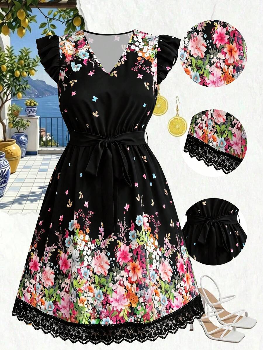 Breezaya Plus Size Women Floral Print V-Neck Cap Sleeve Vacation Dress Gym Brown Summer - Multicolor - View 1