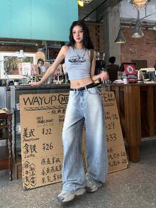 DAZY 女士做旧水钻装饰宽松休闲牛仔裤 - 藍色 - 查看 9