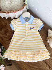 SHEIN 1 Peça Vestido de Menina Bebê de 0-3 Anos de Estilo Casual e Simples para Verão e Outono, com Cores Contrastantes. Colarinho Acompanhado de Tecido de Malha Canelada. Decoração com Estampa de Cachorro, Perfeito para Passeios e Férias. - Amarelo - Visão 7