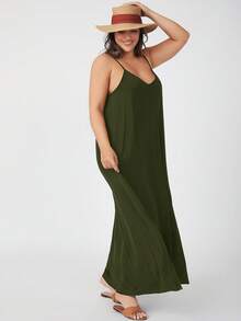 SHEIN BASICS 大码女式纯色宽松休闲吊带连衣裙 - 軍綠色 - 查看 7