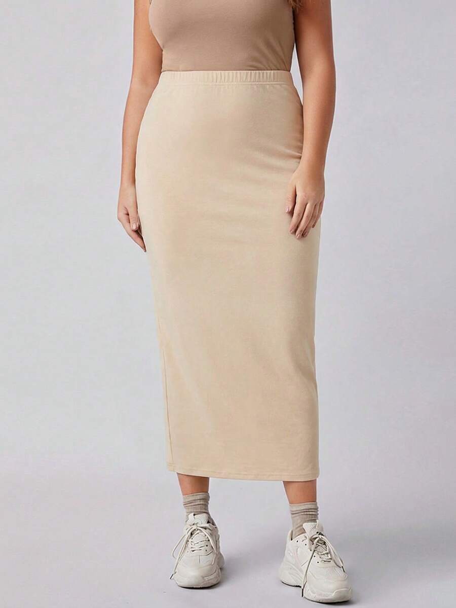 SHEIN BASICS 大码女式纯色简约日常针织长裙 - 杏色 - 查看 1