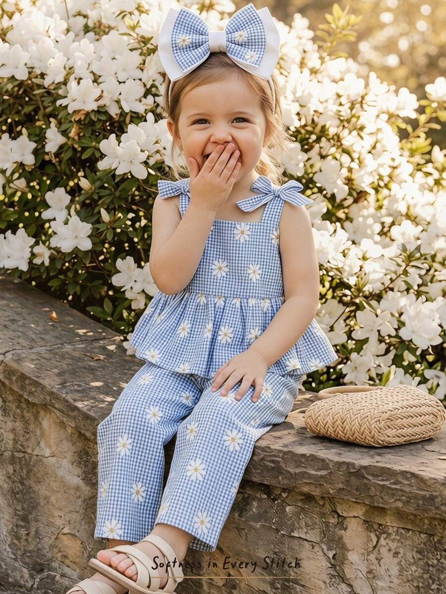 Cozy Pixies Bộ đồ 2 món cho bé gái: Áo yếm và quần cạp chun họa tiết hoa nhí. - Màu xanh bụi bặm - Xem 1