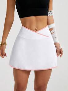 SHEIN Rhythm Era Rok celana olahraga pas badan, kasual, serbaguna, model pinggang silang, warna kontras, dan berdesain pas badan. - MultiWarna - View 5
