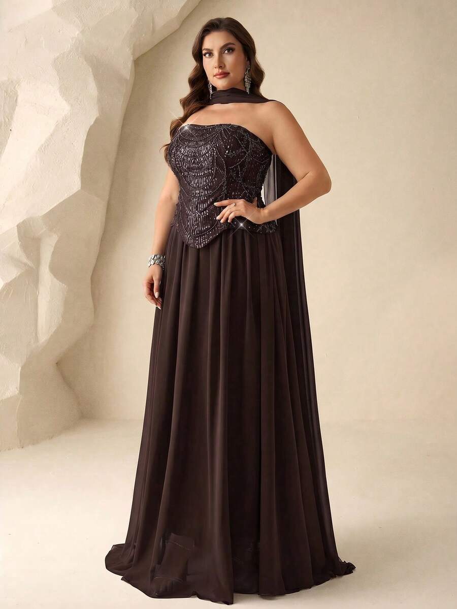 Coutiva Elegant Sequin Embellished Dress, High-End Formal Gown For Banquet And Party - Brown - View 1