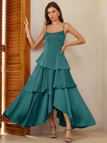 BELROSIE Sexy French Elegant Layered Hem Spaghetti Strap Dress, Plunging Neckline Backless Sleeveless - Blue - View 4