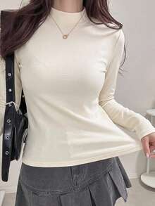 DAZY Women's Casual Solid Color Stand Collar Slim Fit Fleece T-Shirt, Autumn/Winter - Beige - View 5