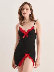 Hourtrue Bộ 2 món áo ngủ hai dây xẻ tà bên hông, viền ren và nơ, thích hợp cho ngày Valentine dành cho nữ. - Nhiều màu - Xem 3