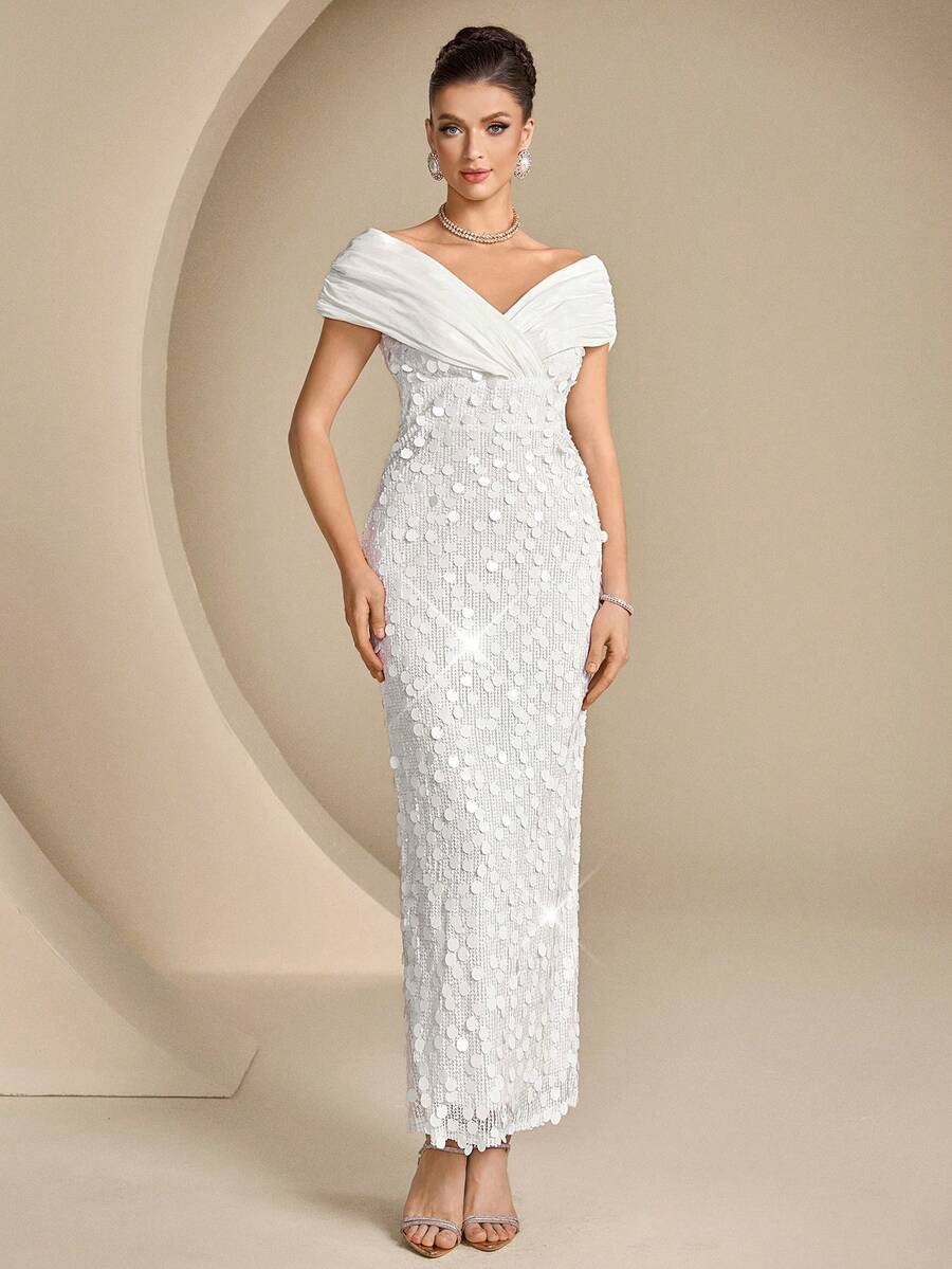 Coutiva Elegantes Abendkleid mit Satin-Einsätzen und Pailletten-Saum, gerader Schnitt, perfekt für Geburtstagsparty, Abschlussfeier, Schulanfang & Musikfestivals - Weiss - Übersicht 1