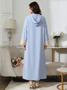 Al Najma 女士刺绣撞色优雅连帽长袖阿拉伯连衣裙 - 淺藍色 - 查看 7