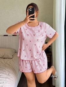 Napfluff CURVE Napfluff CURVE Plus Size Women's Round Neck Ruffle Trim Pink Striped Cherry Print Rib Knit Short Sleeve Top And Shorts, Romantic Sleepwear 2-Piece Set For Daily Wear - Pink - View 4