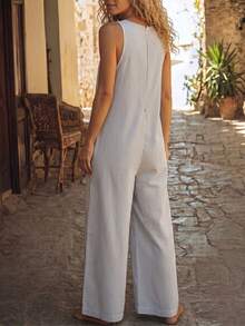 SHEIN Bộ jumpsuit nữ dáng ôm, cổ tròn, không tay, kẻ sọc, thanh lịch, thích hợp cho mùa xuân/hè, bộ jumpsuit kẻ sọc thời trang nghỉ dưỡng, trang phục mùa xuân/hè, quần kẻ sọc xám trắng cho dã ngoại, bộ jumpsuit mùa hè phong cách bohemian nghỉ dưỡng dành cho nữ, quần hè thường ngày, trang phục nữ mùa xuân/hè. - Xám - Xem 3