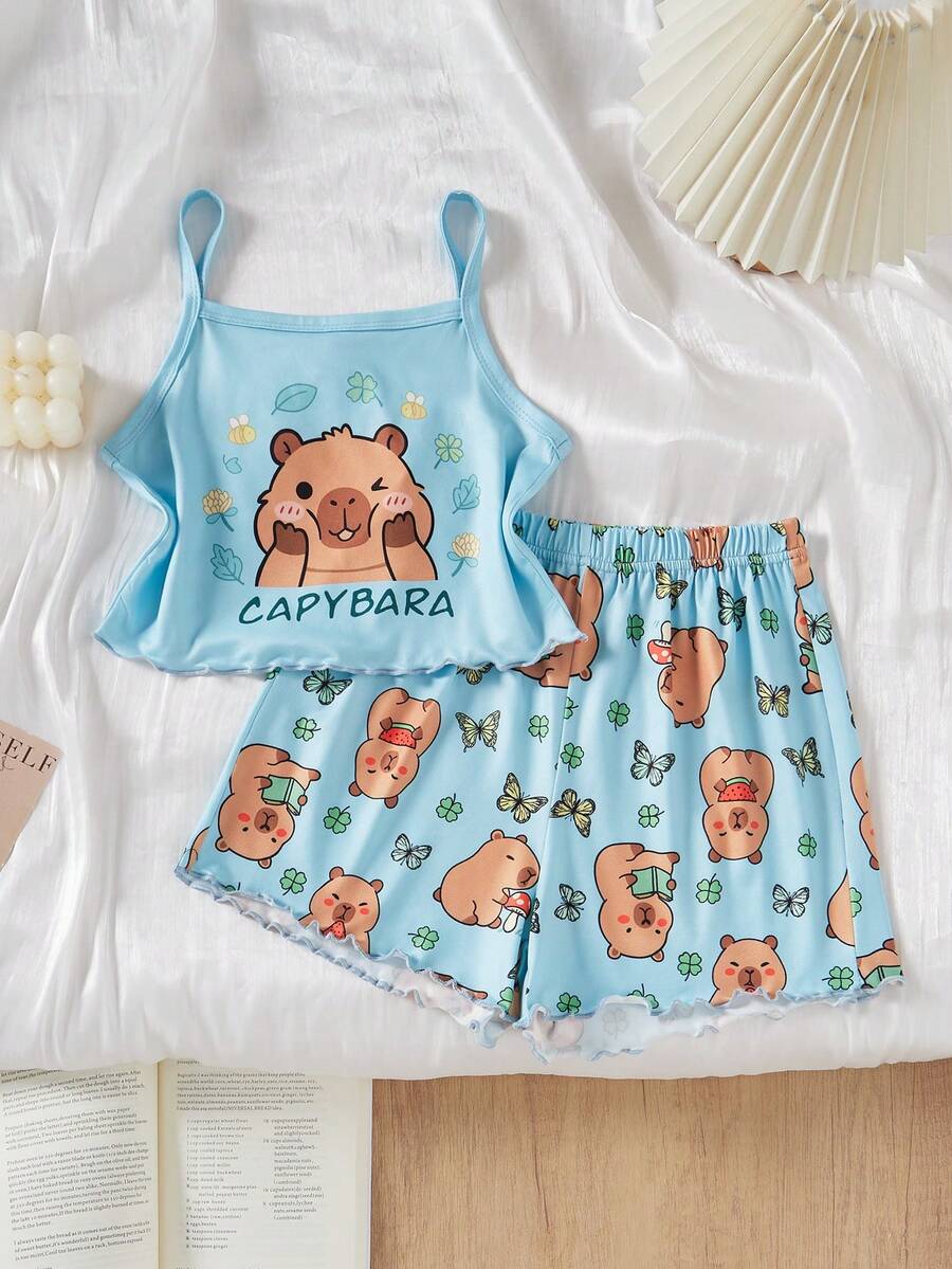 Girls' Sleeveless Pajamas Set, Cute Capybara Design, Comfortable Soft Fabric, Lazy Yet Playful Homewear Style - Mint Green - View 1