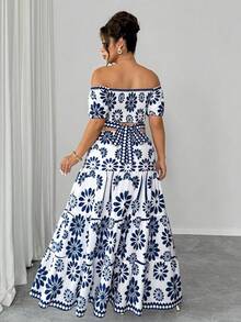 Elenzga Plus Size Two-Tone Print Off-Shoulder Waist Hollow Back Bow Decor Flared Maxi Dress, Elegant Boho For Outing, Date Beach Vacation, Party, White Summer - Blue and White - View 3