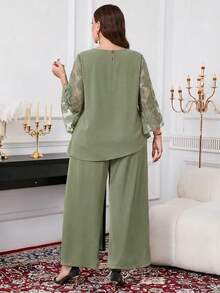 Reflora Plus Size Summer Elegant Mesh Patchwork Asymmetric Hem Top And Pants 2 Pieces Set - Mint Green - View 2