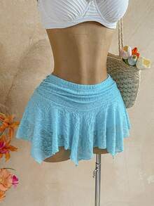 Soleia Women's Summer Solid Color Lace Asymmetric Hem Skirt - Blue - View 5