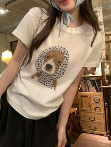 DAZY Kaos Wanita Lengan Pendek Leher Bulat Motif Kartun Anak Anjing, Gaya Korea Musim Semi/Panas - Putih - View 8