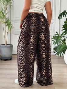 SHEIN EZwear 大码女式休闲时尚街头豹纹斜插口袋宽松阔腿裤 - 棕色 - 查看 2