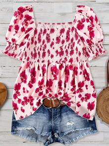 Linhara Square Neck Puff Sleeve Vintage Ditsy Floral Waist Cinched Shorts Plus Size Blouse - Pink - View 6