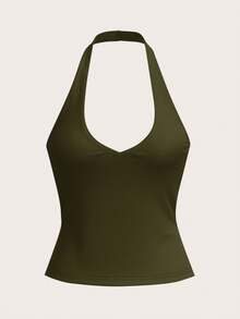 SHEIN BASICS Casual Solid Color Knit Halter Neck Top For Women - Army Green - View 9