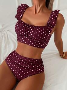 Swim Basics 2pcs Women's White Polka Dot Summer Cute Retro Vintage Holiday Pool Party Elegant Ruffle Strap Pleated Top&High Waist Ruched Triangle Bottoms Set - Burgundy - View 3