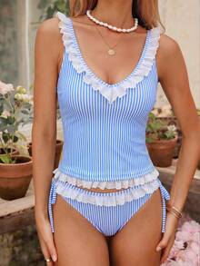 Swim Mod Bộ đồ bơi nữ 2 mảnh camisole & bikini vải in sọc trang trí ren trắng buộc dây, phong cách ngọt ngào thanh lịch cho quý cô đi biển, tiệc tùng, lễ hội, hòa nhạc nhạc đồng quê và kỳ nghỉ - Màu xanh lam - Xem 5