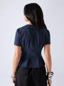 LYSMO Áo khoác blazer nữ kẻ sọc xếp ly, kiểu dáng thường ngày, đa năng, nhẹ nhàng, thích hợp mặc hàng ngày. - Màu xanh hải quân - Xem 2
