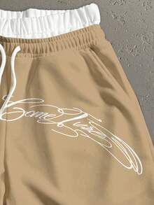 StoneGrade Pantalones cortos casuales con bolsillos y doble capa en la cintura con estampado de letras para hombres - Caqui - Ver 4