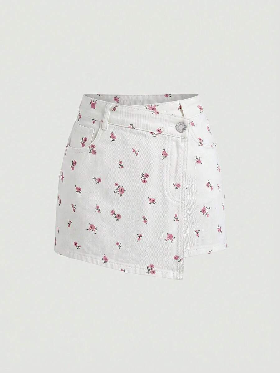 SHEIN MOD 女士夏季休闲度假通勤碎花裹身牛仔裙裤 - 白色 - 查看 1