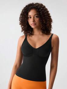 Loungeista Tank Top Camisole Wanita Model V-Neck Slim Fit, Pakaian Olahraga Musim Panas Dasar untuk Musim Panas - Hitam - View 4