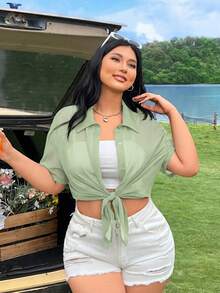 SHEIN EZwear 女士大码透明纯色前开襟长袖衬衫 - 綠色 - 查看 8