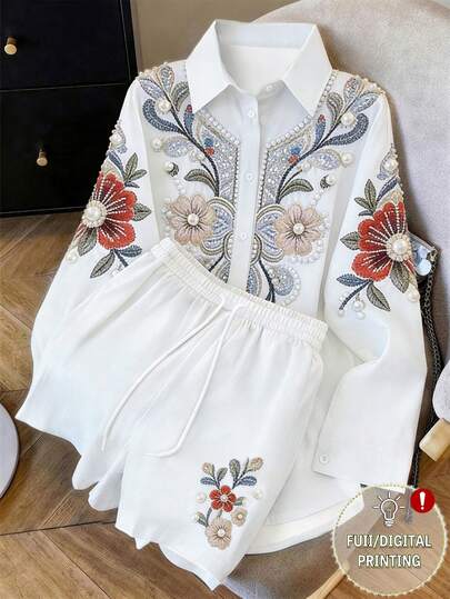 Franclia Women's Floral Print Casual 2-Piece Set, Long Sleeve Shirt + Drawstring Shorts, Luxurious Casual Outfit