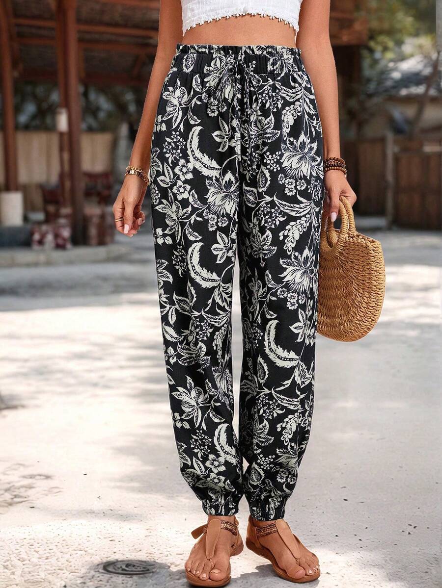 Breezaya Women's Tropical Plant Print Pocket Drawstring Waist Tapered Leg Pants, Spring/Summer - Black - View 1