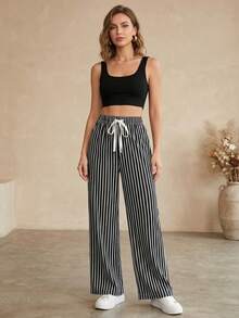 Palazzo Striped Pants With Elastic Waist - Black - View 3