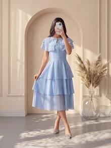 Modelyn Elegant Romantic Ruffled Shawl Collar Dress For Women,Summer Dresses For Women - Baby Blue - View 2