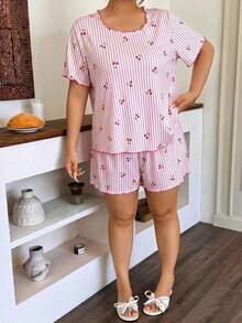 Napfluff CURVE Napfluff CURVE Plus Size Women's Round Neck Ruffle Trim Pink Striped Cherry Print Rib Knit Short Sleeve Top And Shorts, Romantic Sleepwear 2-Piece Set For Daily Wear - Pink - View 3