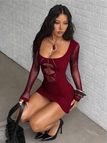 SHEIN Jeanoir 女士性感黑色长袖迷你紧身连衣裙 - 酒紅色 - 查看 5