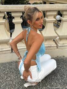Firerie Áo crop top nữ thanh lịch, gợi cảm, tinh tế, thích hợp cho kỳ nghỉ biển, hẹn hò, dự tiệc, lễ hội âm nhạc, sinh nhật, đính sequin, cổ chữ V, dây buộc sau lưng, hở vai, màu xanh dương. - Màu xanh lam - Xem 5