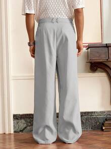 SWAVVY Celana Panjang Pria Tenun Kasual Longgar Model Lurus, Pinggang Elastis, Warna Polos, Cocok untuk Pemakaian Sehari-hari - Light Grey - View 2