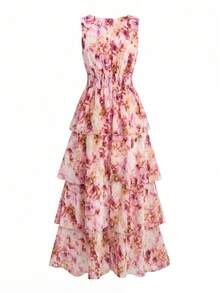 Ellevyn Đầm vintage lãng mạn với họa tiết hoa màu cam và viền bèo nhún. - Hồng - Xem 6