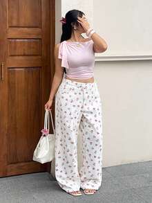 Rivivi Quần jean denim in hoa dáng suông, cạp lệch, thích hợp cho kỳ nghỉ. - Nhiều màu - Xem 5